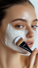 Woman with white clay mask and brush