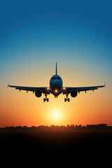 Fototapeta premium Airplane landing at sunset over a city skyline with vibrant orange sky