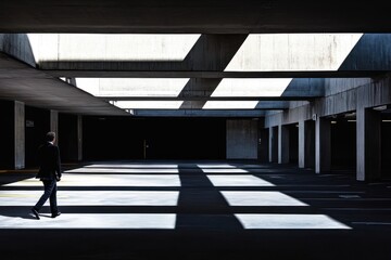 A man walks alone in an empty, dark underground parking lot beneath the airport terminal He is wearing business attire, and his silhouette against the backdrop of concrete Generative AI