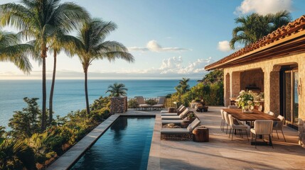 Fototapeta premium Luxury Villa with Infinity Pool Overlooking Ocean
