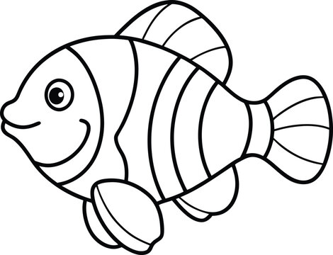 recommend clip art: Vector illustration of a clownfish outline coloring page for kids. Isolated clownfish on a white background. The lines are bold and minimalistic vector art.