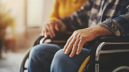 Obraz premium Volunteer helping a patient with a disability at home, offering support and healthcare advice. Simple background, highlighting care and service copy space photo