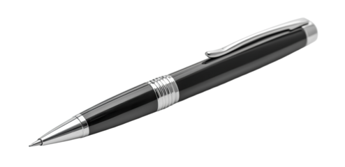Black ballpoint pen with silver accents, isolated on transparent cutout background