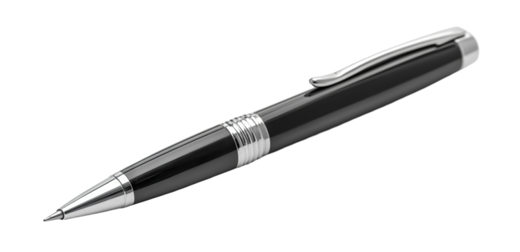 Black ballpoint pen with silver accents, isolated on transparent cutout background