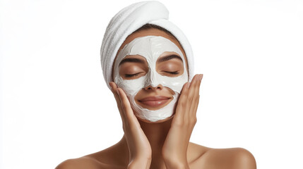 Woman with facial mask and towel relaxing