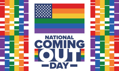 National Coming Out Day. Happy holiday. Pride month. LGBT rainbow flag. Diversity and equality. Gay and lesbian. Free love, heart shape. Illustration. Vector poster