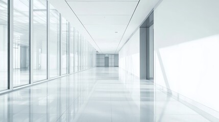 A long, empty hallway with white walls and a glass window wall on the left, light reflecting off the floor.