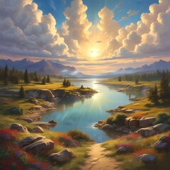 Illustration of stunning summer landscape with heavenly sky.