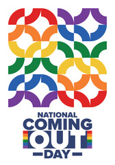 National Coming Out Day. Happy holiday. Pride month. LGBT rainbow flag. Diversity and equality. Gay and lesbian. Free love, heart shape. Illustration. Vector poster