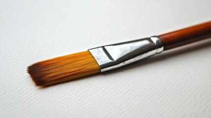 Single paintbrush with clean bristles, lying on a white surface, representing art.