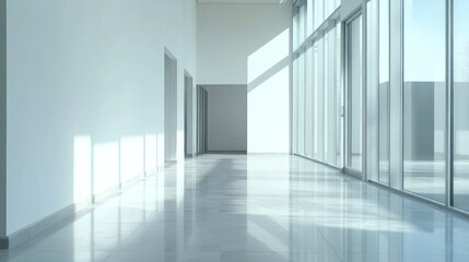 Fototapeta premium A minimalist hallway with white walls, a marble floor, and large windows. Sunlight streams in through the windows, casting long shadows on the floor.