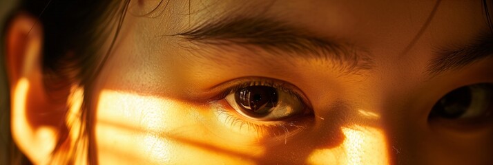 Light gently radiates from under an Asian woman is skin in this macro shot, highlighting her youthful and luminous complexion, glow from inside, banner