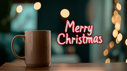 Cozy Christmas scene with a mug on a table, warm lights, and a festive 'Merry Christmas' message, creating a perfect holiday atmosphere.