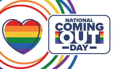 National Coming Out Day. Happy holiday. Pride month. LGBT rainbow flag. Diversity and equality. Gay and lesbian. Free love, heart shape. Illustration. Vector poster