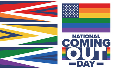 National Coming Out Day. Happy holiday. Pride month. LGBT rainbow flag. Diversity and equality. Gay and lesbian. Free love, heart shape. Illustration. Vector poster