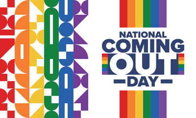 Fototapeta premium National Coming Out Day. Happy holiday. Pride month. LGBT rainbow flag. Diversity and equality. Gay and lesbian. Free love, heart shape. Illustration. Vector poster