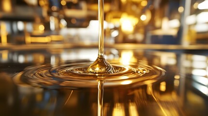 Obraz premium A close-up of a drop of oil on a shiny surface, with reflections of machinery in the background