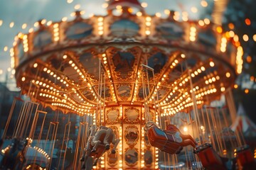 Fototapeta premium Enchanting Carousel at Dusk with Twinkling Lights and Whimsical Ride Animals