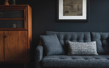 Fototapeta premium Close-up shot of the mid-century sofa, emphasizing its clean lines and comfortable cushions. 