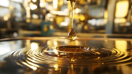 Obraz premium A close-up of a drop of oil on a shiny surface, with reflections of machinery in the background