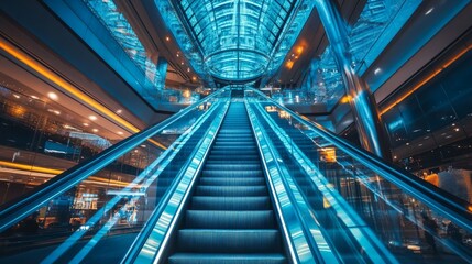 A modern, blue-lit escalator in a shopping mall, with a glass dome above.
