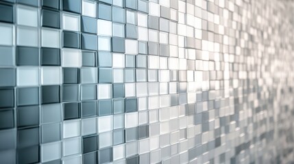 A minimalist glass mosaic of square tiles arranged in a gradient pattern from light to dark, creating a subtle, elegant transition of color