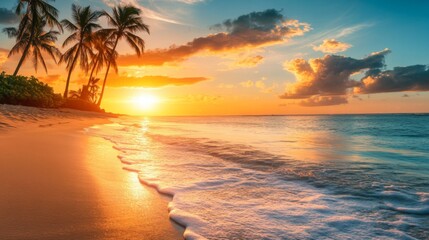 Golden Sunset Over a Tropical Beach with Palm Trees