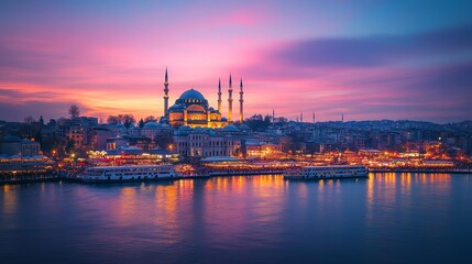 Fototapeta premium A mosque with minarets stands on a hill overlooking a city at sunset.