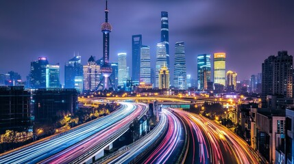 A night view of Shanghai's skyline with brightly lit skyscrapers and light trails from traffic on a highway in the foreground.