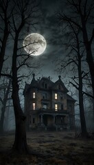 Fototapeta premium Foggy Night Around a Haunted Mansion with Dead Trees and Full Moon