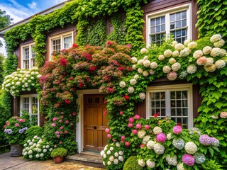 Climbing Hydrangea Vines Gracefully Adorning a Charming House Exterior in Lush Greenery and Vibrant Blooms