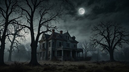 Foggy Night Around a Haunted Mansion with Dead Trees and Full Moon