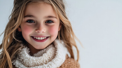 Fototapeta premium Smiling girl in warm winter clothing, cozy scarf