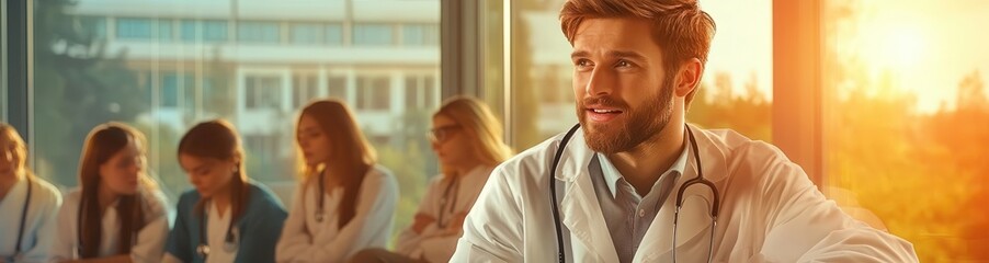 Doctor talking to patients in a sunny waiting room.