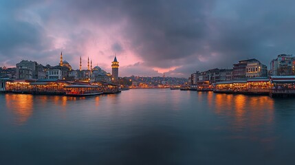 Fototapeta premium A panoramic view of Istanbul's cityscape at sunset, with the Galata Tower and the Golden Horn in the foreground.