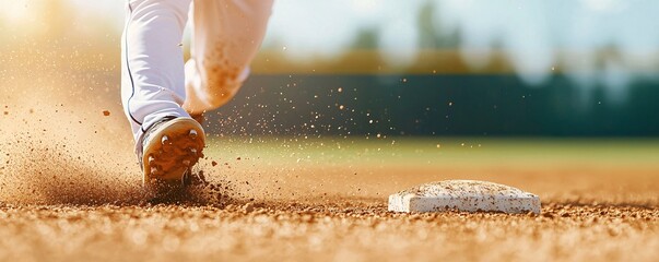 Dynamic Baseball Play - Intense Slide into Base by Player on Dirt Field Showcasing Teamwork and Action in Outfield Running