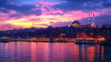 A panoramic view of Istanbul, Turkey at sunset, with the iconic Hagia Sophia mosque in the background, illuminated by the golden light.