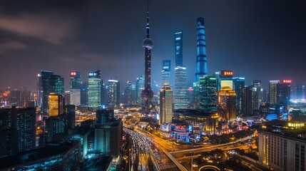 Obraz premium A panoramic view of the Shanghai skyline at night, with the iconic Oriental Pearl Tower and skyscrapers illuminated by bright lights.