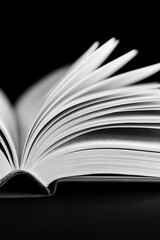 Fototapeta premium An open book with pages fanned out on a black surface during a quiet evening