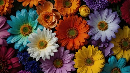 A vibrant and colorful close-up of various flowers, including daisies, roses, and chrysanthemums, arranged in a beautiful and artistic pattern.