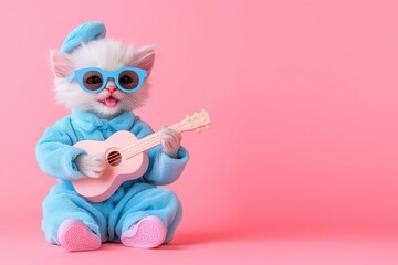 Obraz premium Cute cat character playing guitar, pink background.