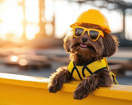 Cute dog in a hard hat and sunglasses at a construction site.