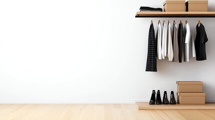 A side view of a small closet with a mix of hanging clothes, shoes, and boxes stored neatly