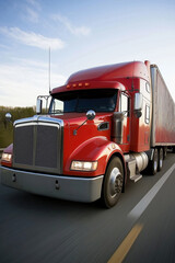 A bright red truck travels on an open highway under a clear blue sky in daylight