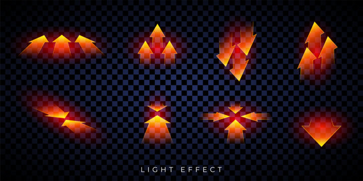 Glowing arrow pack. 3D neon arrow pointers. Red light effect. UI, gaming and infographic design element.