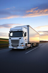 White delivery truck traveling on the highway at dusk under a colorful sky