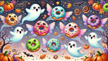 Obraz premium Flying Donuts and Ghosts in Halloween Sky