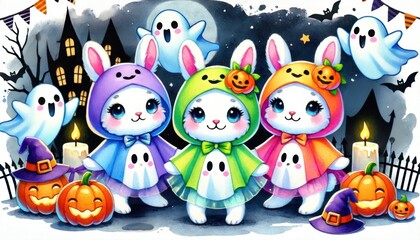 Fototapeta premium Cute Halloween Bunnies in Ghost Costumes with Jack-o'-Lanterns 
