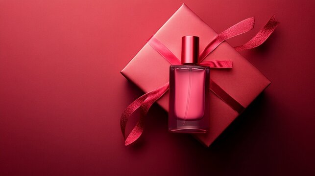 Elegant pink perfume bottle atop a gift box with satin ribbon, set against a deep red background - a luxurious beauty product presentation for Valentine's or holidays.