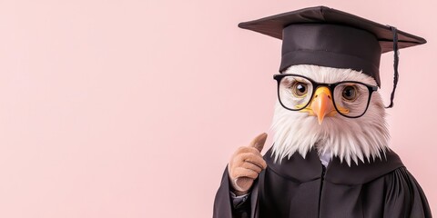 A cute eagle dressed as a professor on a pastel cream background